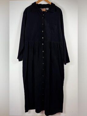 Vintage NWT Studio Ease Black Corduroy Button Front Maxi Shirt Dress Size 18